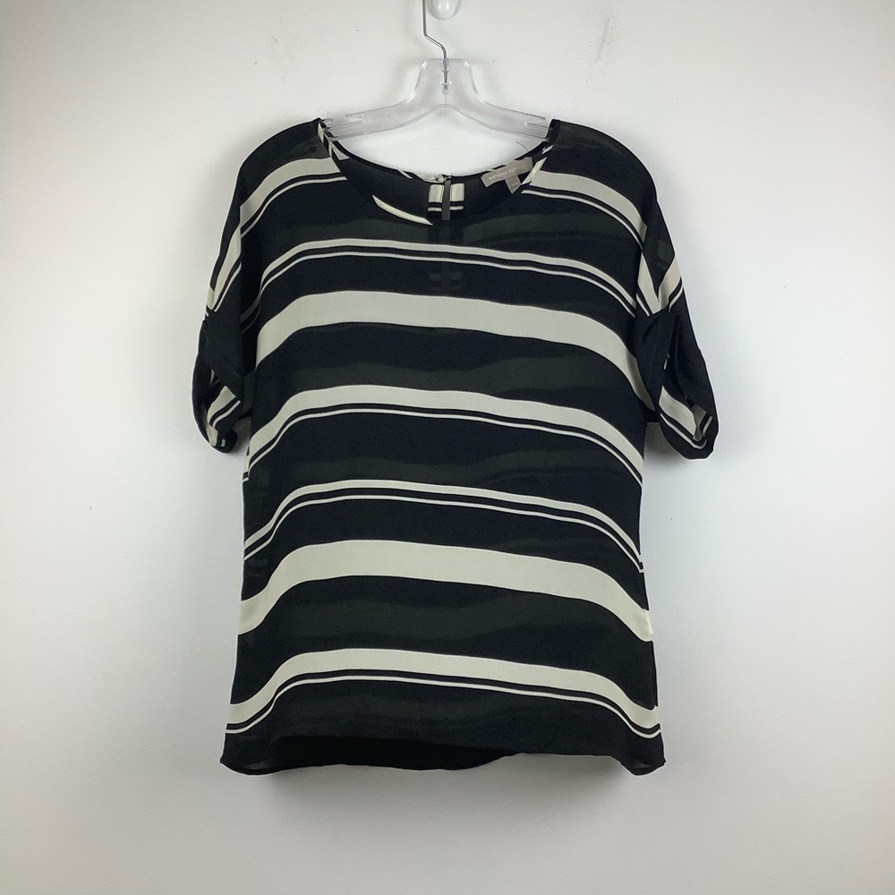 Banana Republic Semi Sheer Striped Short Sleeve Drapey Blouse in Black/White
